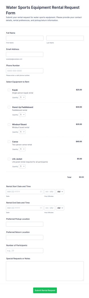 Water Sports Equipment Rental Request Form Template