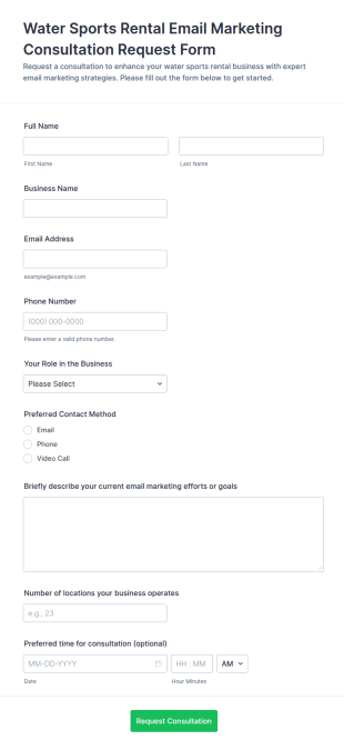 Water Sports Rental Email Marketing Consultation Request Form Template