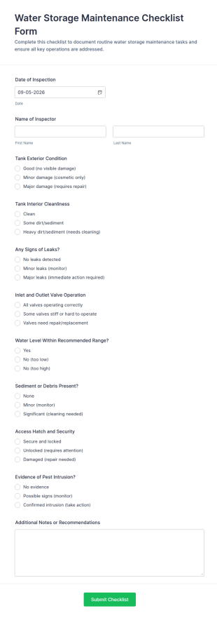 Water Storage Maintenance Checklist Form Template
