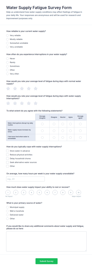 Water Supply Fatigue Survey Form Template