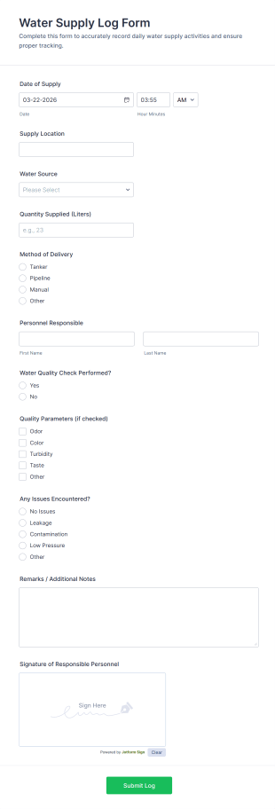 Water Supply Log Form Template
