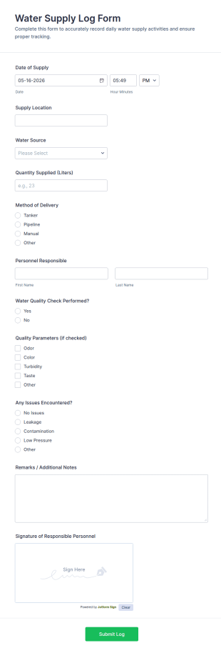 Water Supply Log Form Template