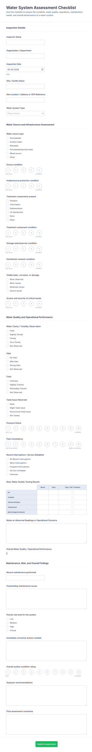 Water System Assessment Checklist Form Template