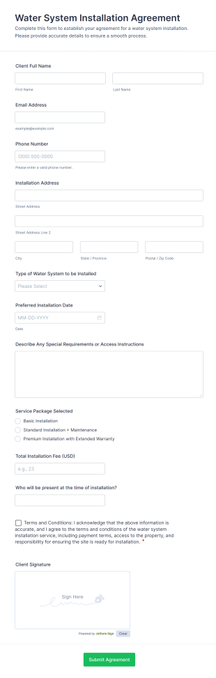 Water System Installation Agreement Form Template