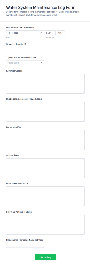 Water System Maintenance Log Form Template