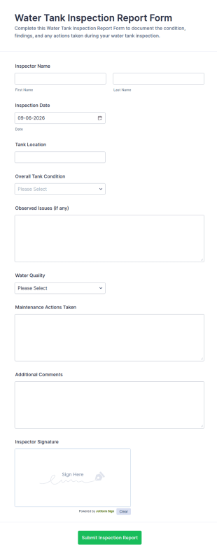 Water Tank Inspection Report Form Template