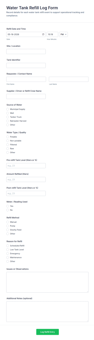 Water Tank Refill Log Form Template