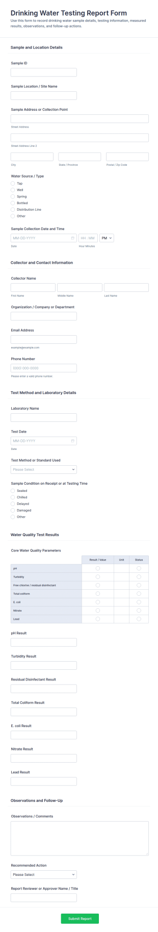 Water Testing Report Form Template