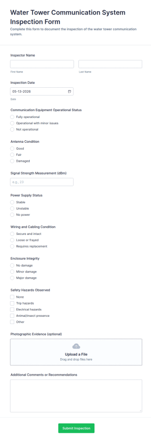 Water Tower Communication System Inspection Form Template