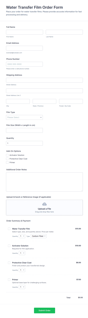Water Transfer Film Order Form Template
