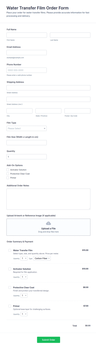 Water Transfer Film Order Form Template