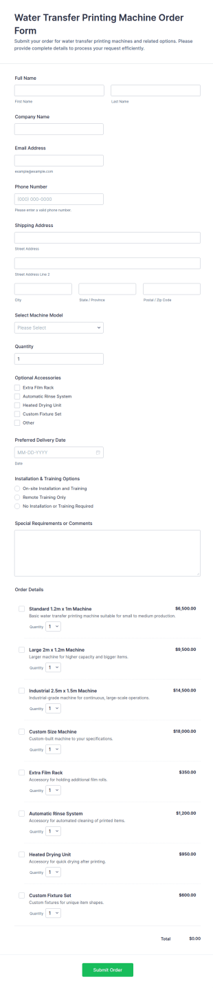 Water Transfer Printing Machine Order Form Template