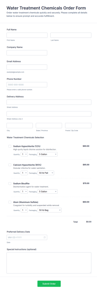 Water Treatment Chemicals Order Form Template