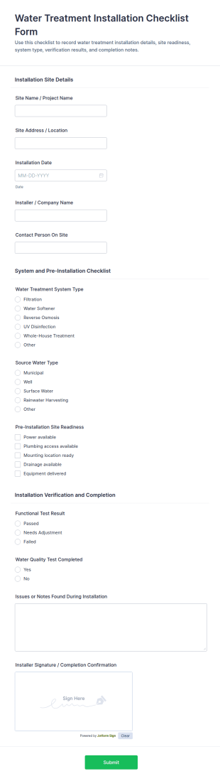 Water Treatment Installation Checklist Form Template