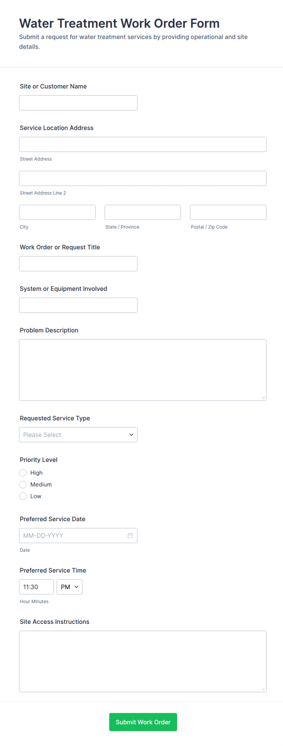 Water Treatment Work Order Form Template | Jotform