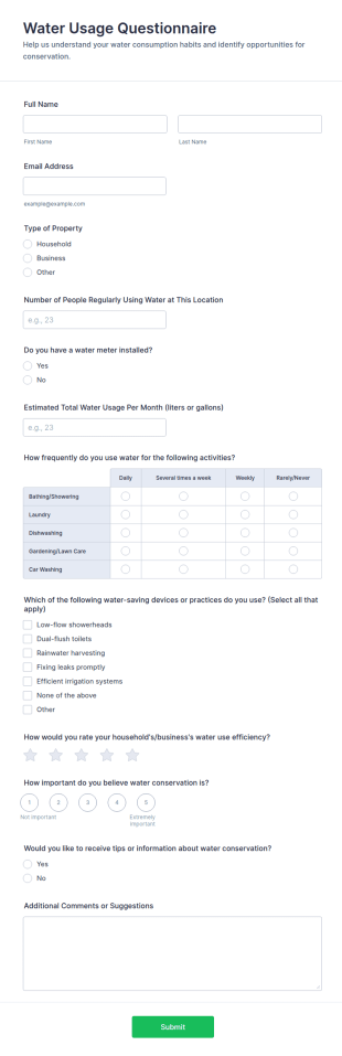 Water Usage Questionnaire Form Template