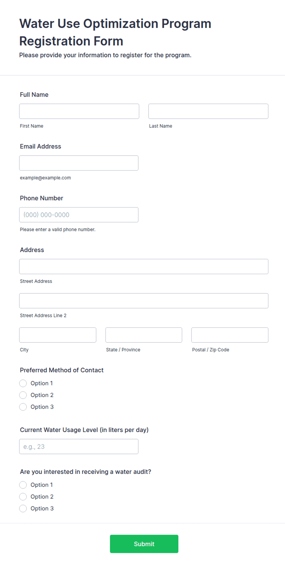 Water Use Optimization Program Registration Form Template | Jotform