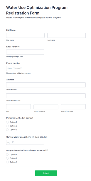 Water Use Optimization Program Registration Form Template