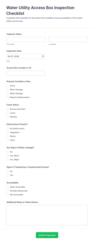 Water Utility Access Box Inspection Checklist Form Template