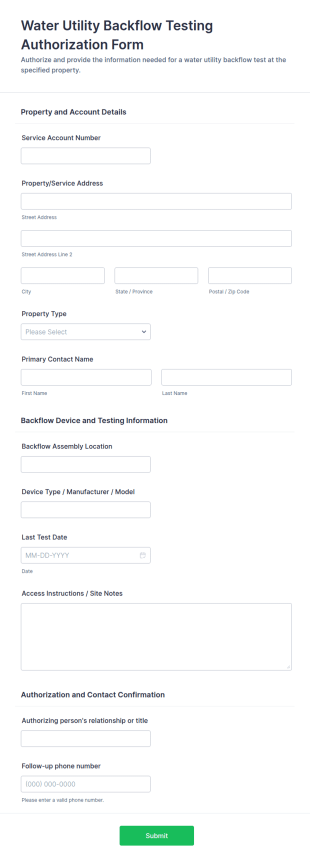 Water Utility Backflow Testing Authorization Form Template