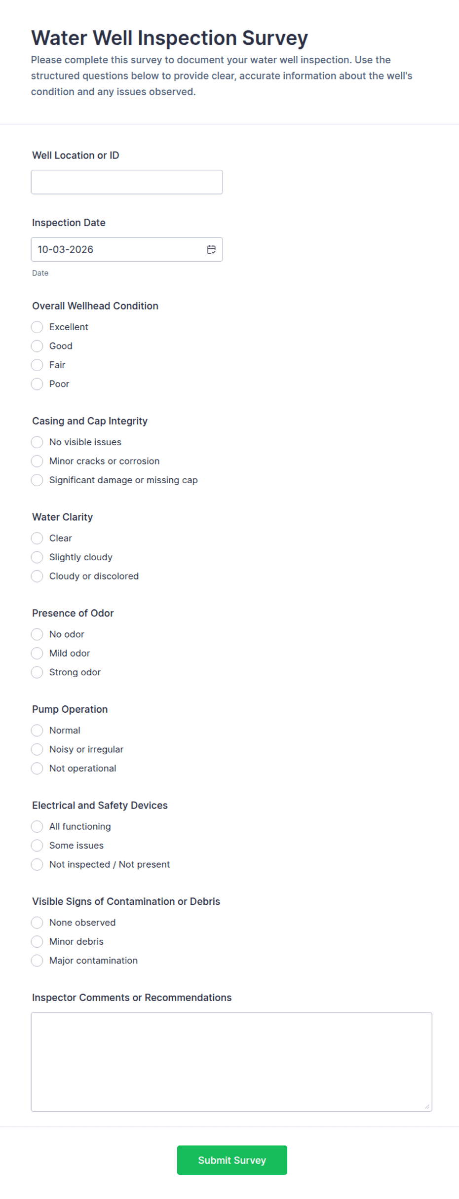 Water Well Inspection Survey Form Template | Jotform
