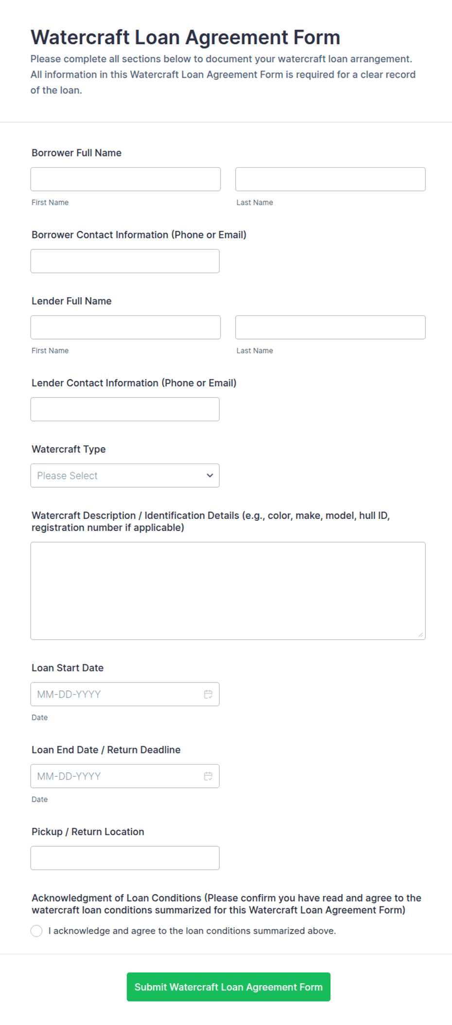 Watercraft Loan Agreement Form Template | Jotform