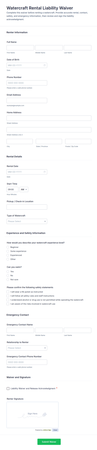 Watercraft Rental Liability Waiver Form Template