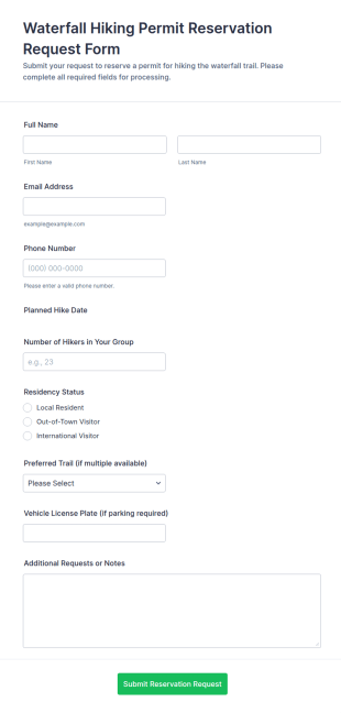 Waterfall Hiking Permit Reservation Request Form Template