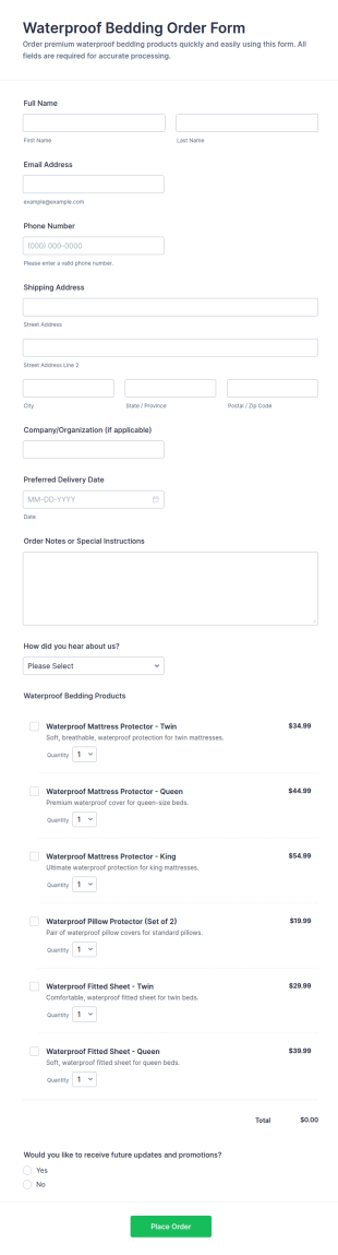 Waterproof Bedding Order Form Template
