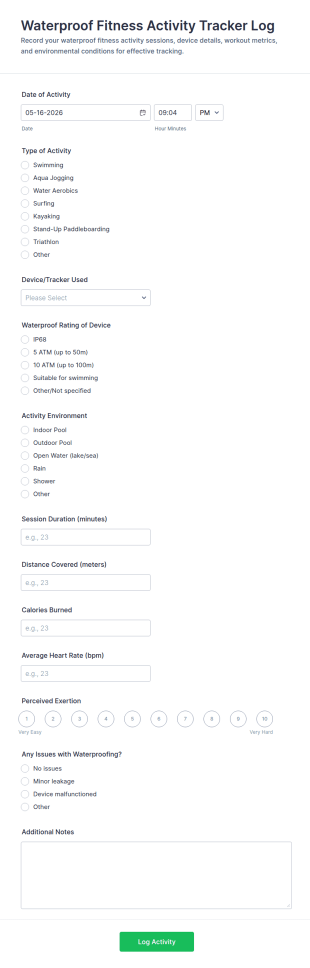 Waterproof Fitness Activity Tracker Log Form Template