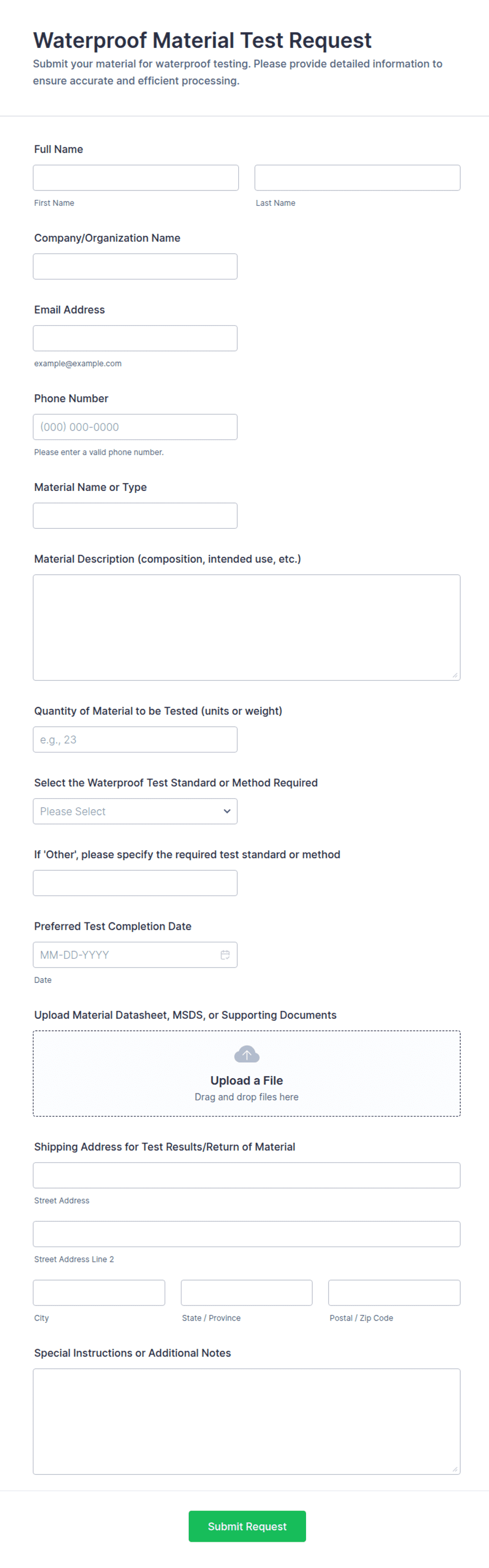 Waterproof Material Test Request Form Template | Jotform