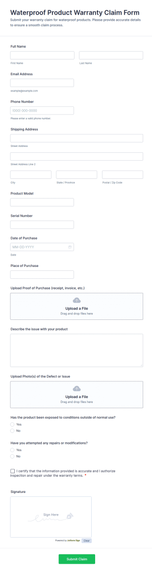 Waterproof Product Warranty Claim Form Template