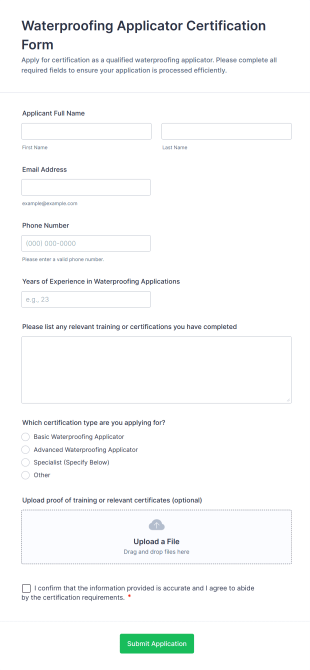 Waterproofing Applicator Certification Form Form Template