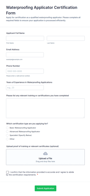 Waterproofing Applicator Certification Form Template