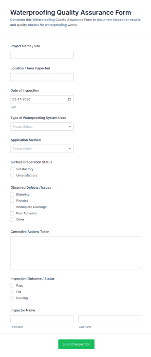 Waterproofing Quality Assurance Form Template