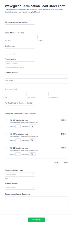 Waveguide Termination Load Order Form Template