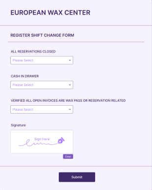 Wax Center Shift Change Form Template