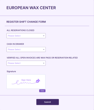 Wax Center Shift Change Form Template