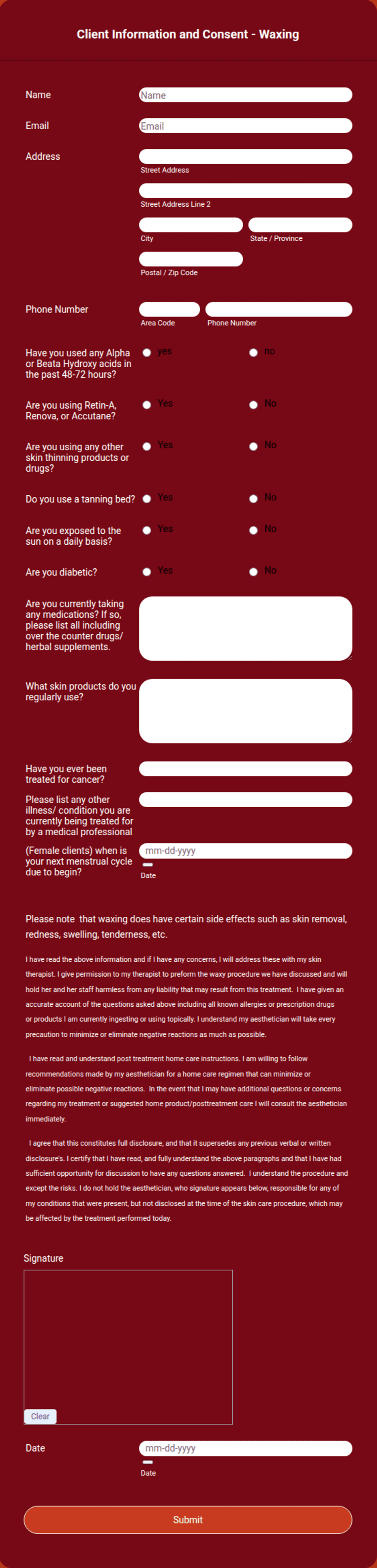 Wax Client Intake Form Template Jotform