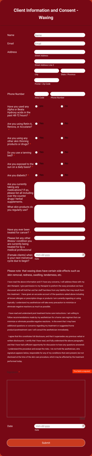 Wax Client Intake Form Template