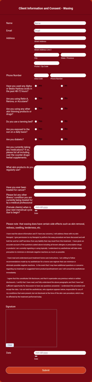 Wax Client Intake Form Template