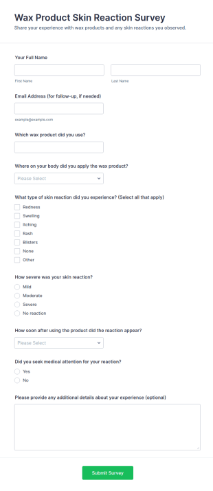 Wax Product Skin Reaction Survey Form Template