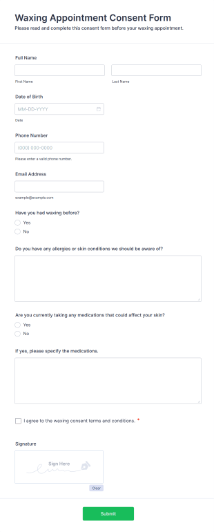 Waxing Appointment Consent Form Template