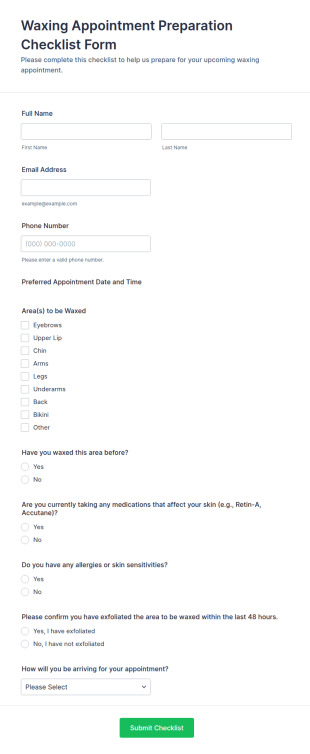 Waxing Appointment Preparation Checklist Form Template