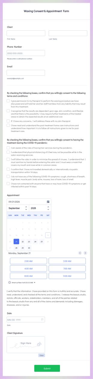 Waxing Consent & Appointment Form Template