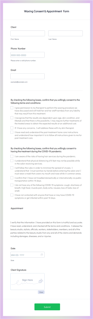 Waxing Consent & Appointment Form Template