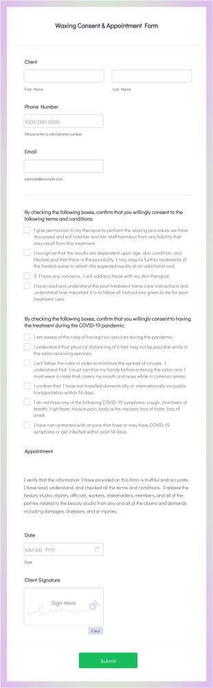 Waxing Consent & Appointment Form Template