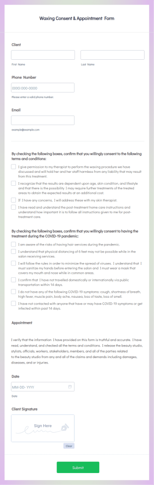 Waxing Consent & Appointment Form Template