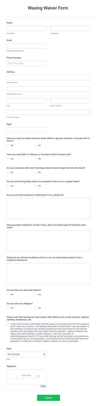 Waxing Waiver Form Template