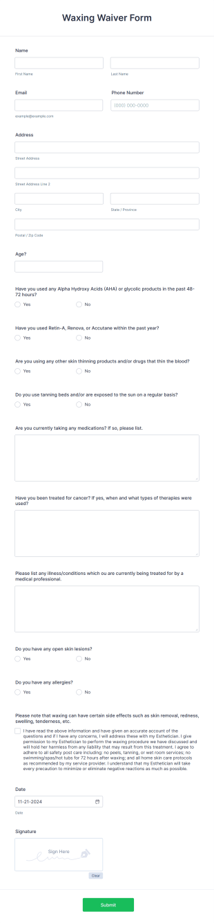 Waxing Waiver Form Template